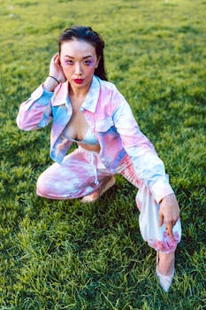 Stylish young woman in colorful outfit posing boldly on grass, embodying vibrant Gen Z fashion outdoors.