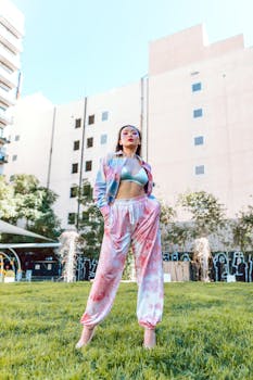 A stylish woman poses confidently in a colorful urban park, showcasing modern street fashion.