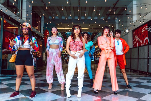 A diverse group showcasing vibrant street fashion and modern style in an urban setting.