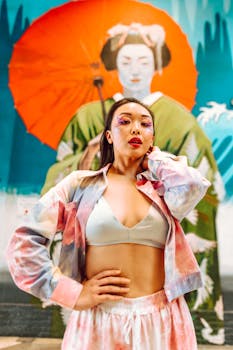 Fashion-forward woman stands confidently in front of a colorful mural featuring a traditional geisha.