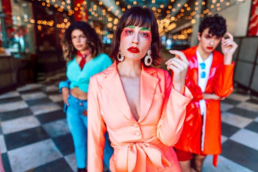 Stylish individuals in brightly colored outfits posing fashionably indoors with bokeh lights.