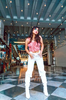 Fashion-forward young woman in stylish outfit under urban lights.