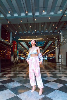 Stylish woman in trendy outfit standing confidently indoors with hanging lights.