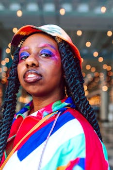 Colorful street style portrait of an adult with striking makeup and trendy outfit, showcasing modern fashion.