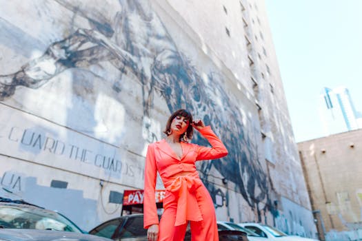 Stylish woman in vibrant outfit posing against urban graffiti backdrop on a sunny day.