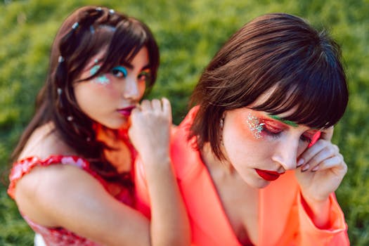Two young women showcasing bold makeup and summer fashion outdoors.