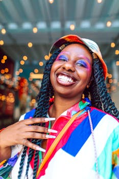 Cheerful woman with vibrant makeup and colorful clothing, exuding happiness.
