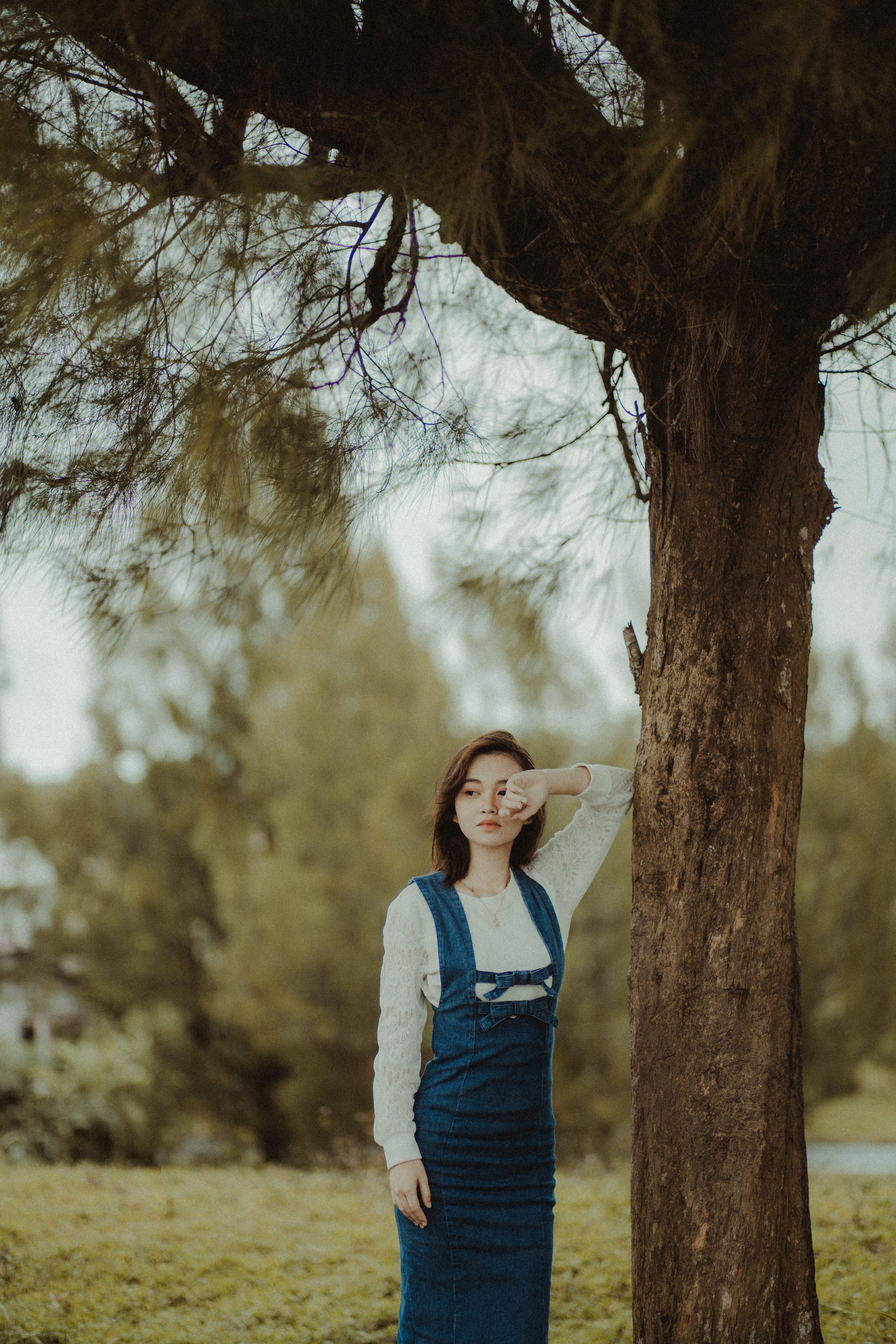 Woman in a Blue and White Dress Leaning on a Tree · Free Stock Photo