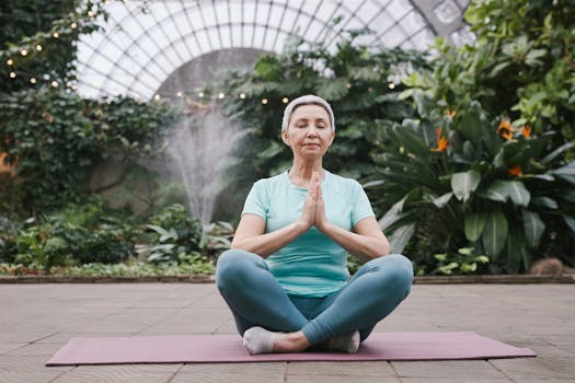 Elderly woman mediating in a tranquil botanical garden setting, embracing serenity and mindfulness.