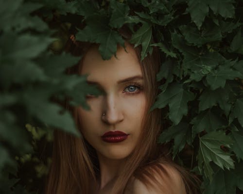 Portrait of confident young lady with blue eyes and dark lips looking at camera through maple foliage in park
