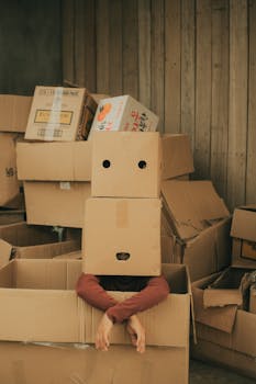 Faceless person sitting in big box with carton box on head wearing casual clothes near wall in light place