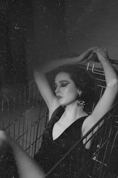 Black and white of extravagant female with eyes closed in black dress lying in shopping cart