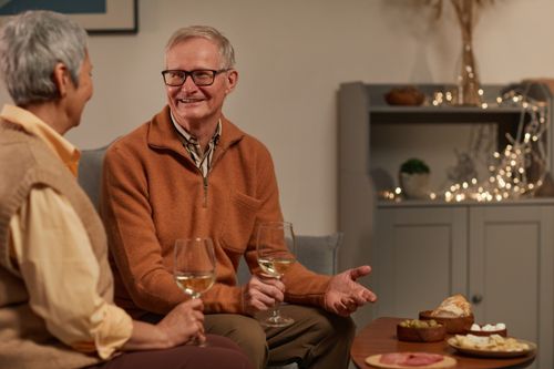Free Elderly couple sharing wine and snacks in a cozy living room setting. Stock Photo