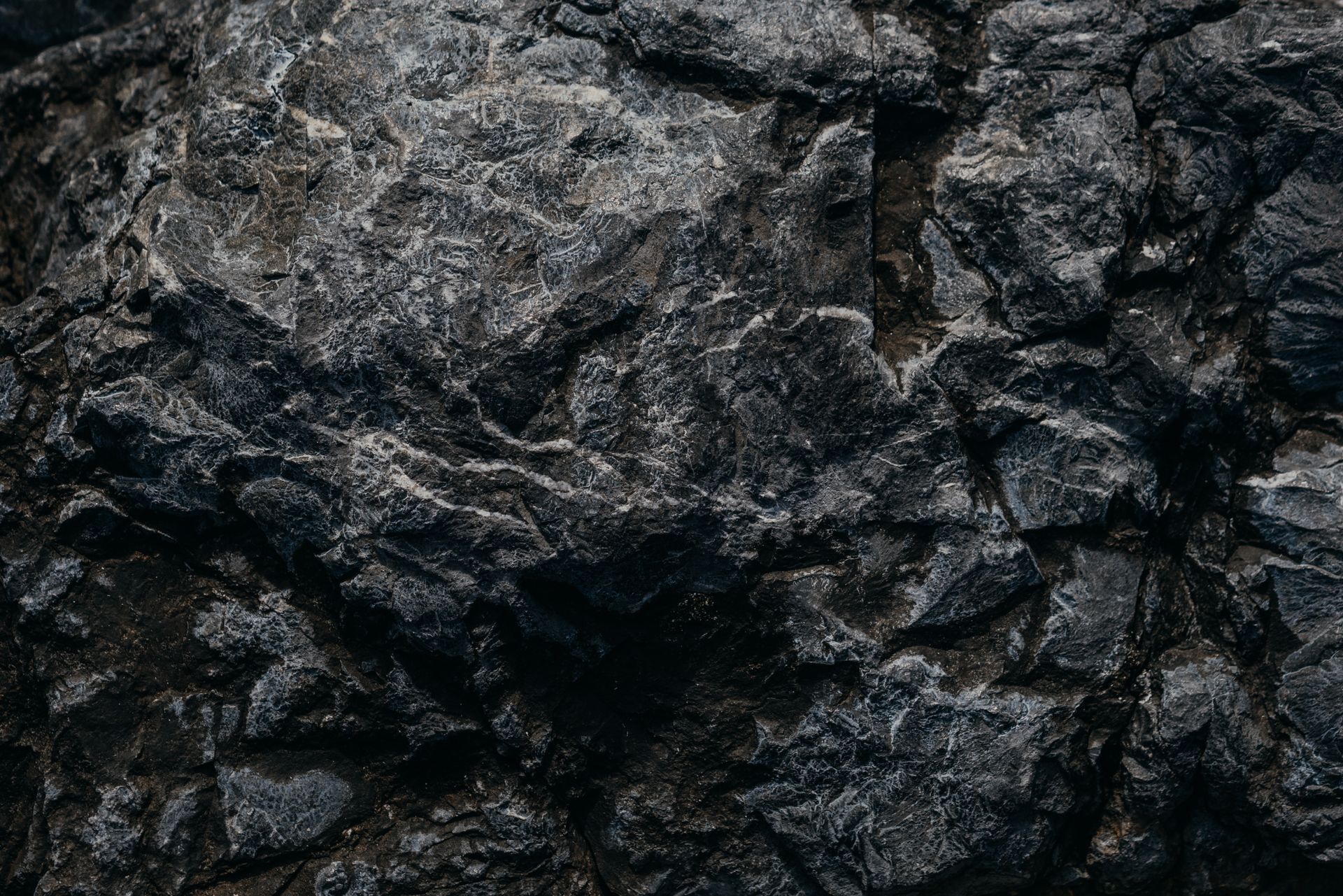Close-up view of a textured dark rock surface showcasing its rugged details and natural patterns.