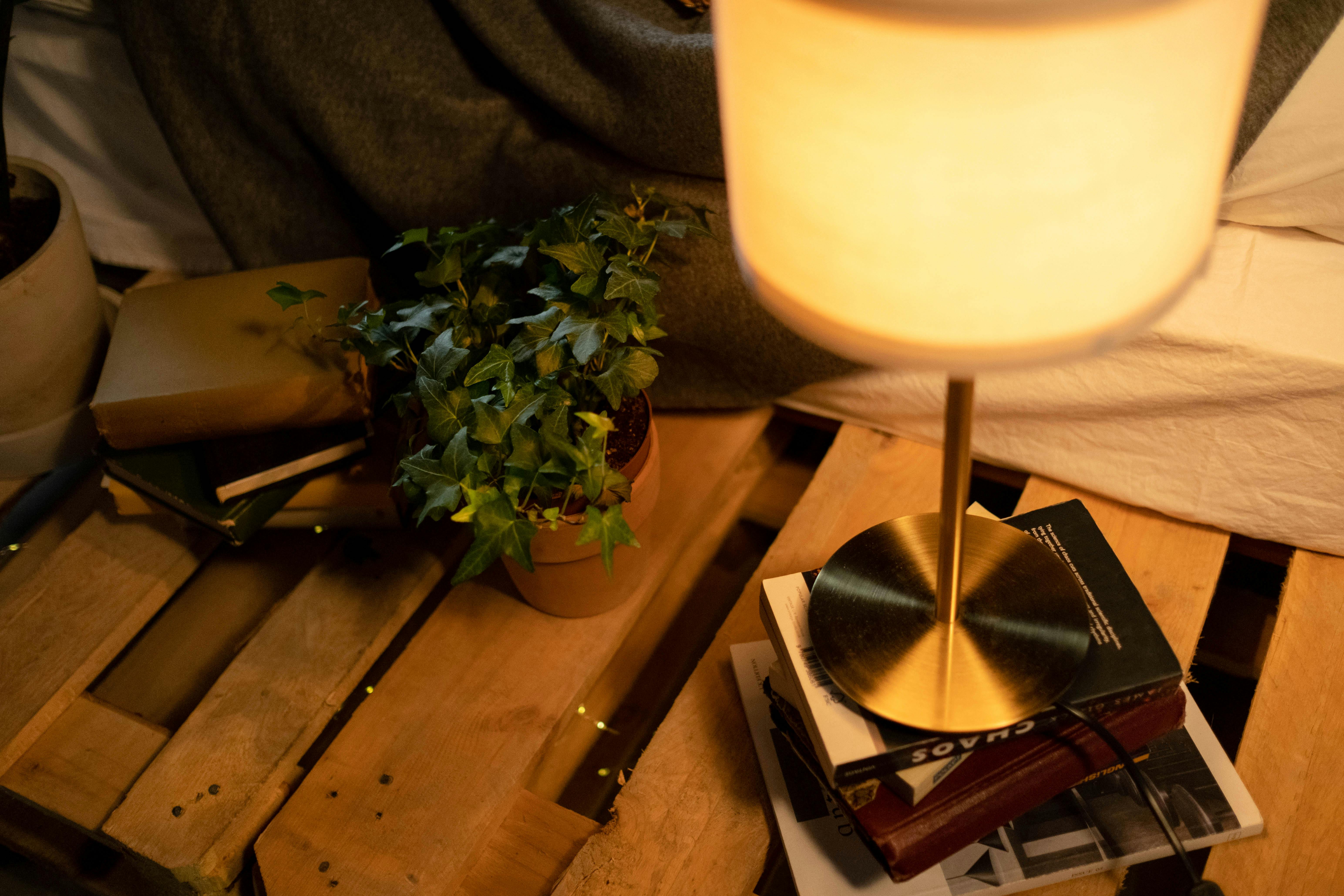 Person lounging on a compact foldable bed in a cozy reading nook with books and dim lamp