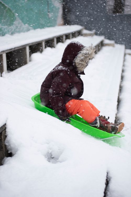 Free A child enjoying a snowy sled ride down stairs during a winter day outdoors. Stock Photo