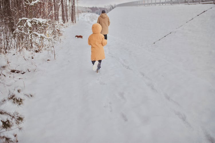 People Walking With Dog In Snow Near Forest