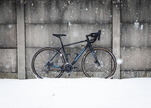 Sleek Principia racing bike against concrete wall in snowy winter landscape.