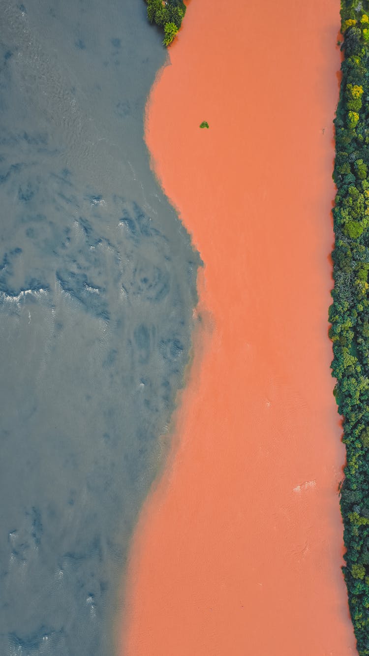 Blue And Red Water Mixing In The Amazon River 