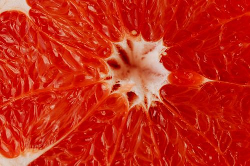 Free Vibrant close-up of a juicy red grapefruit slice showcasing its fresh, detailed texture. Stock Photo