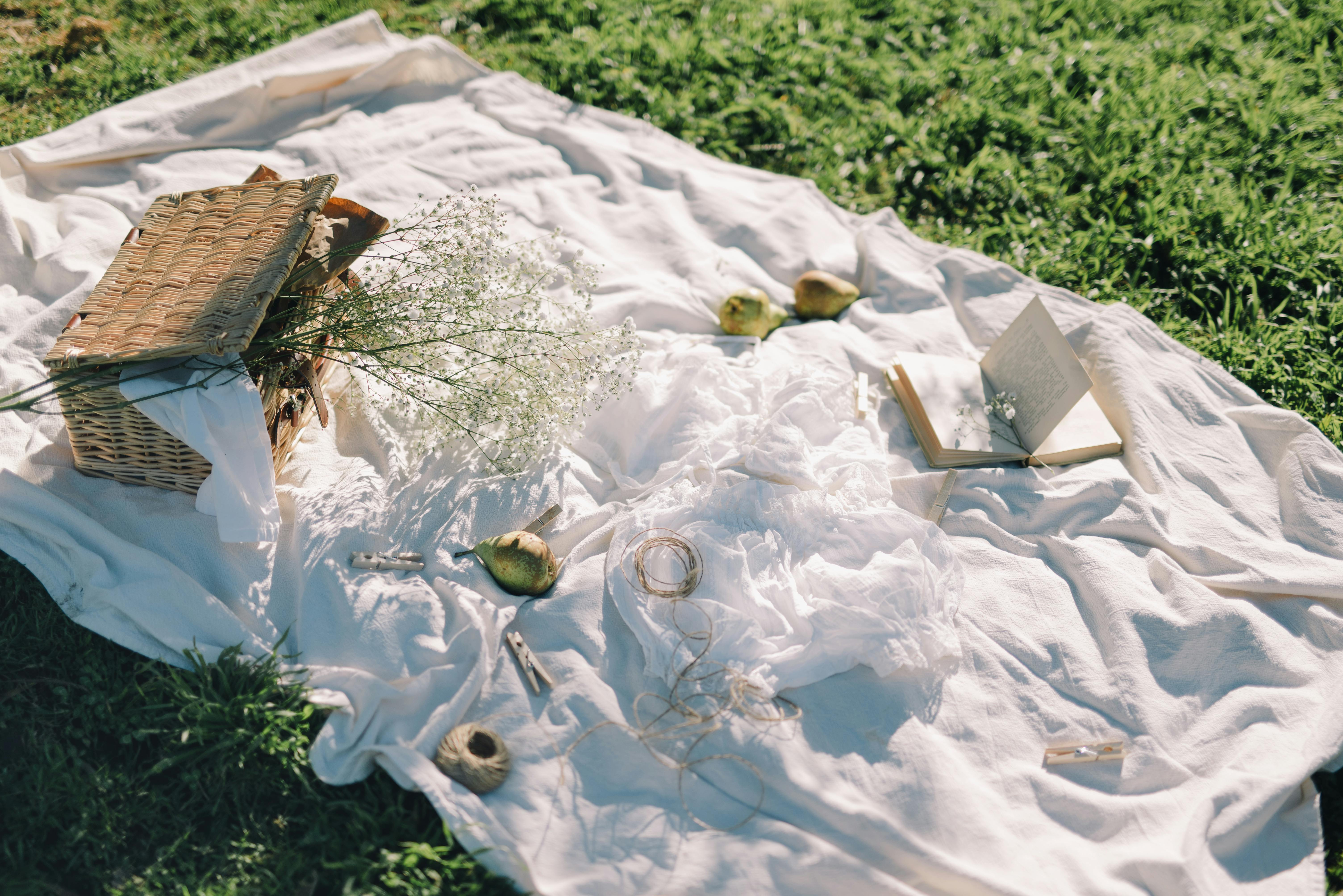 White Picnic Blanket On Grass Free Stock Photo