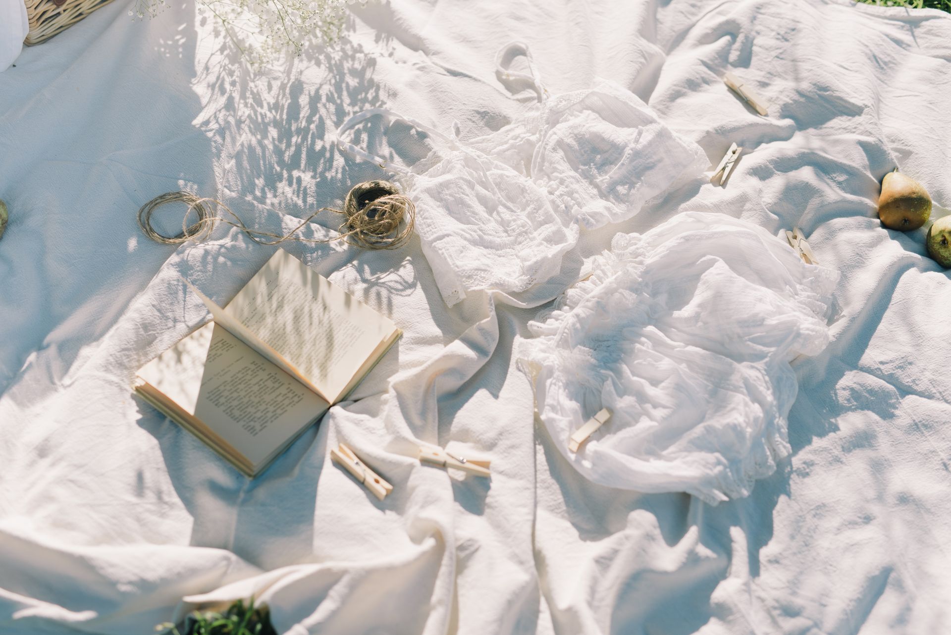 A tranquil outdoor setting with an open book and white linens on a picnic blanket.