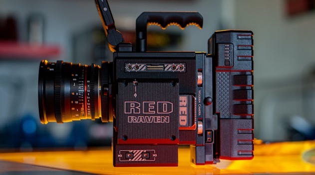 Close-up shot of RED Raven camera showing detailed features in a studio setting.