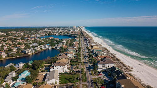 Aerial View of Houses Near A Beach Under Blue Sky