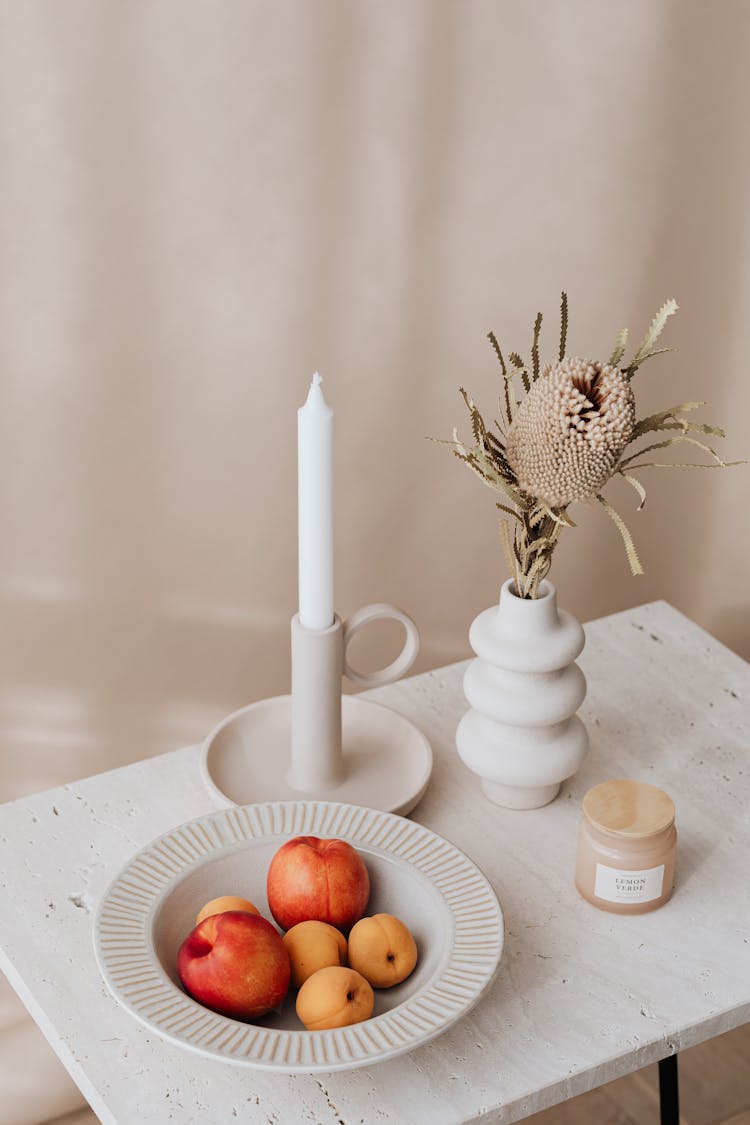 Fruit In Plate On Table In Cozy Home Decoration