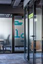 Hall of office center with glass walls