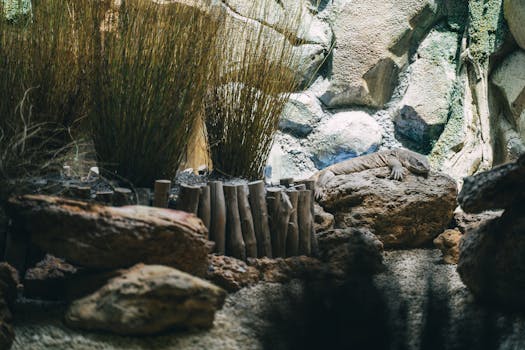 A lizard sunbathing on rocks surrounded by dry plants in a zoo exhibit setting.