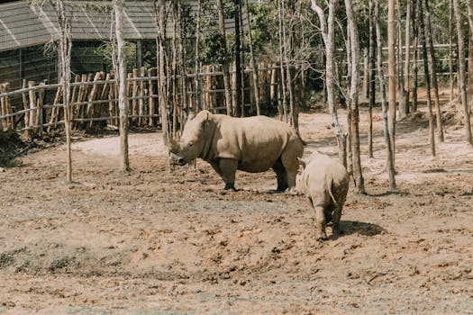 Two rhinos in a muddy zoo enclosure surrounded by wooden fencing and sparse trees.