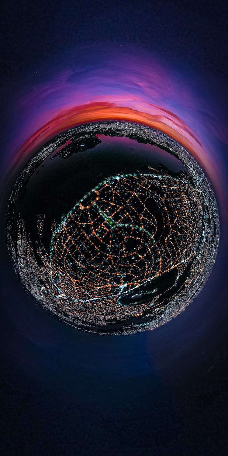 Illuminated City Roads On 360 Degree Planet View