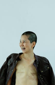 Smiling adult Asian female with short haircut demonstrating naked torso and cutout breast wearing unbuttoned leather jacket and looking away while standing on white background