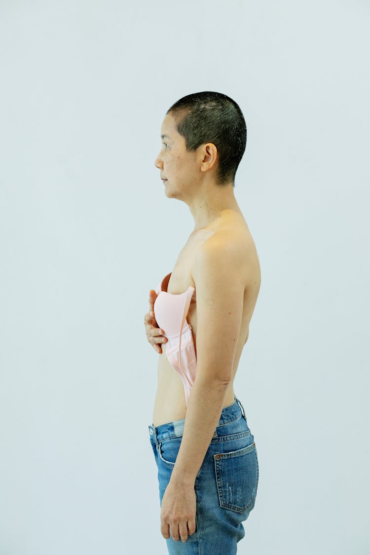 Asian Sick Woman With Breast Cancer And Bra