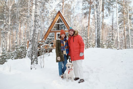 Happy couple with their dog outside a cozy winter cabin in a snowy forest.