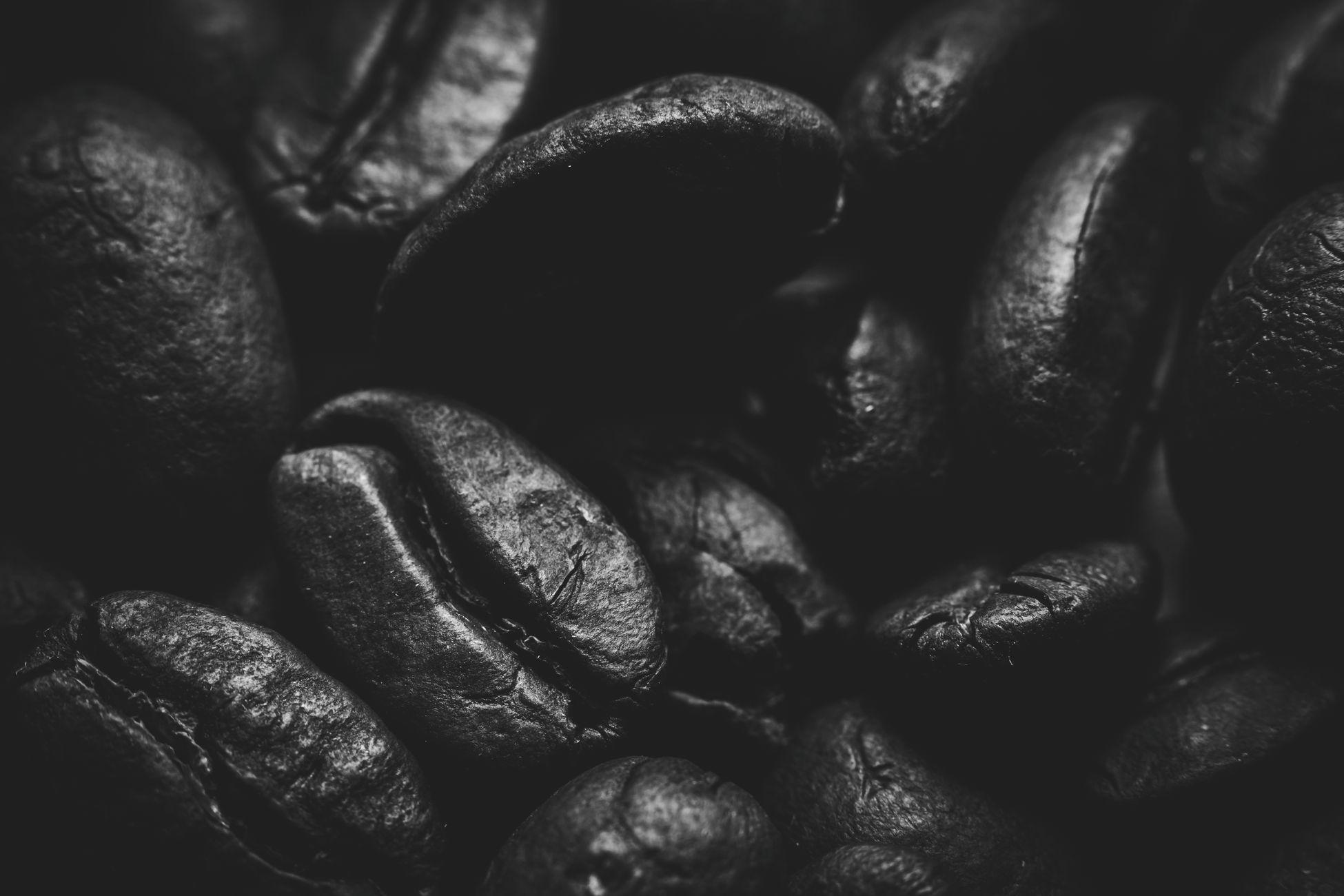 Detailed monochrome image of roasted coffee beans showcasing texture and depth.
