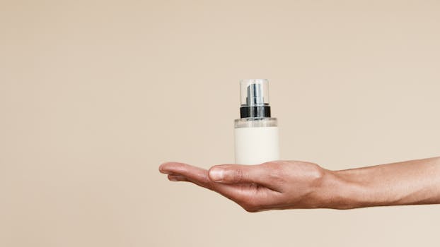 Elegant close-up of a hand holding a perfume bottle against a neutral background, perfect for product display.