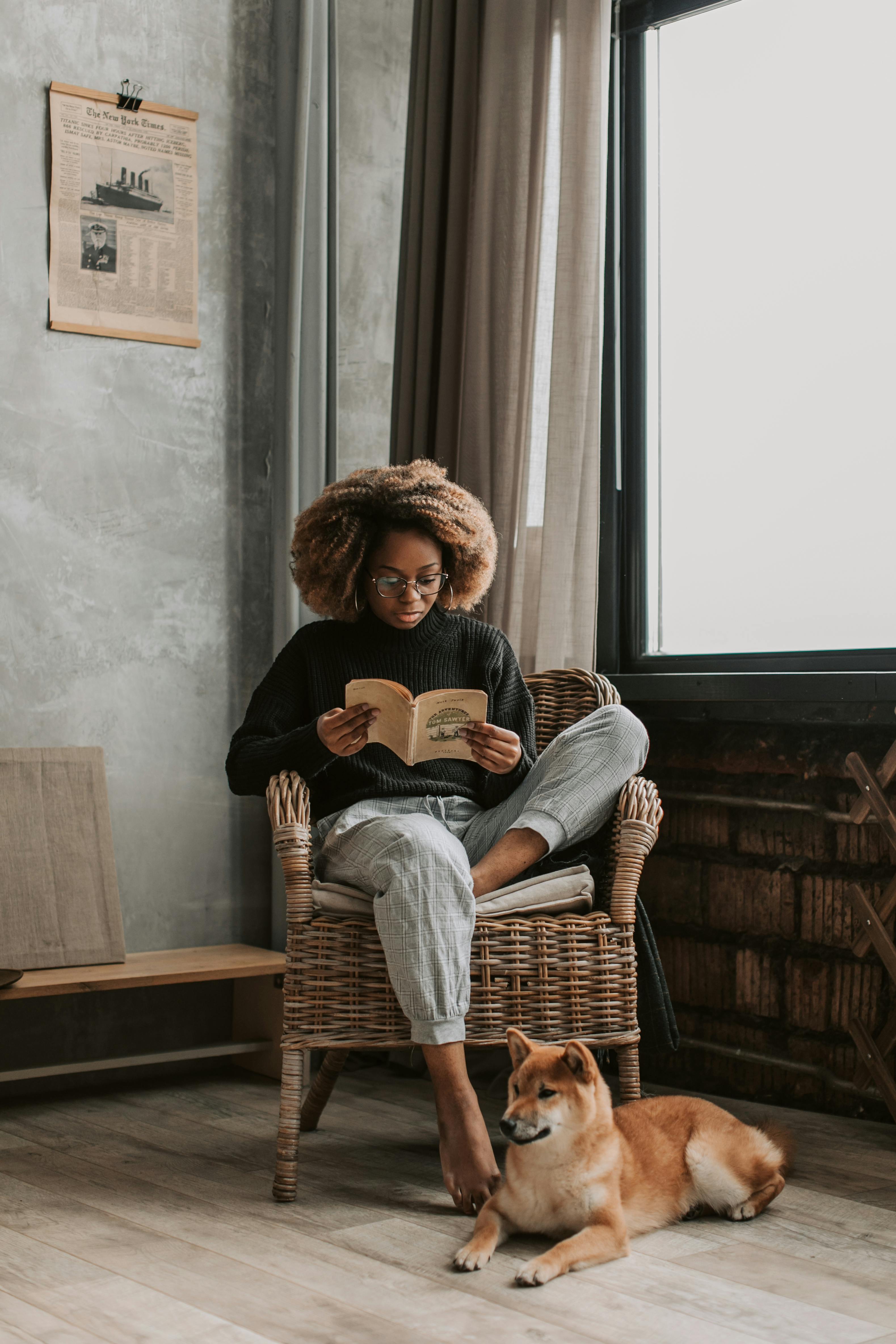 Free Young woman with afro hair reading a book by the window, accompanied by a Shiba Inu, enjoying a cozy atmosphere indoors. Stock Photo