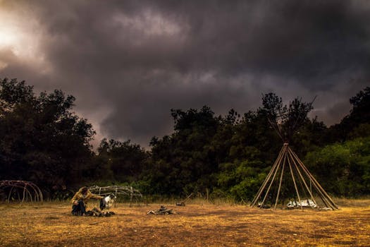 Dark sky over a wilderness campsite with a teepee and person tending to a fire, creating an adventurous mood.