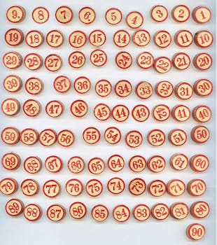 Red and wood bingo chips arranged in rows on a white surface, highlighting numbers.