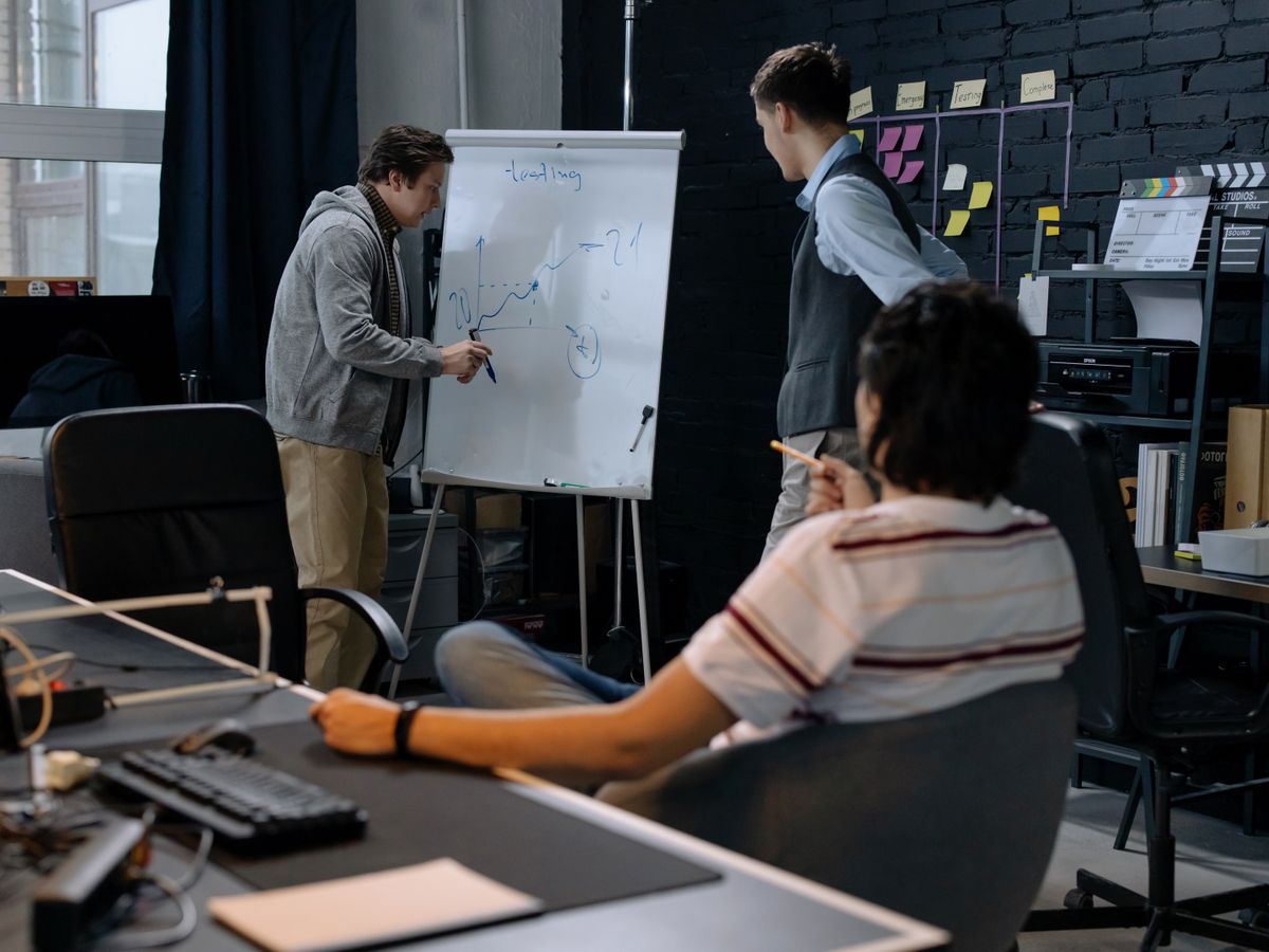 A team mapping out work at a whiteboard in a software office