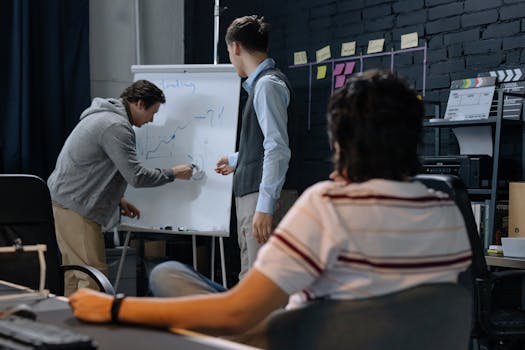 Team members brainstorming at work discussing a business strategy on a whiteboard.