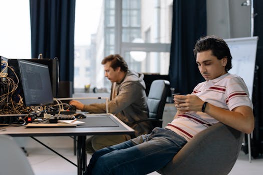 Two men working in a modern office, one on a computer and the other on a smartphone.
