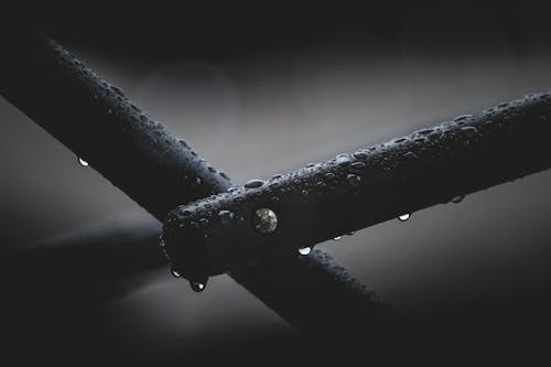 Closeup of part of wet steel fence covered with clear pure transparent raindrops