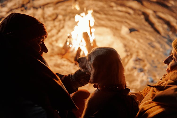 Couple With A Dog Sitting By The Fire