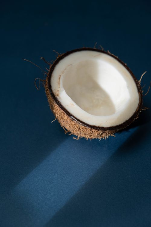 Free A fresh coconut half casting a shadow on a dark blue background in natural light. Stock Photo