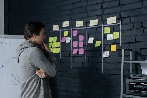 Man Standing in front of a Wall with Sticky Notes in an Office and Thinking 