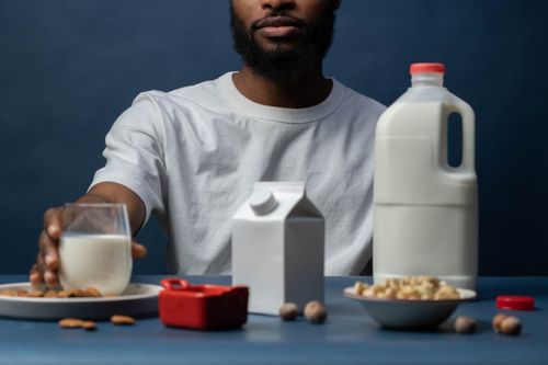 Free Close-up of a man with almond milk options and nuts on a table, promoting a healthy lifestyle. Stock Photo