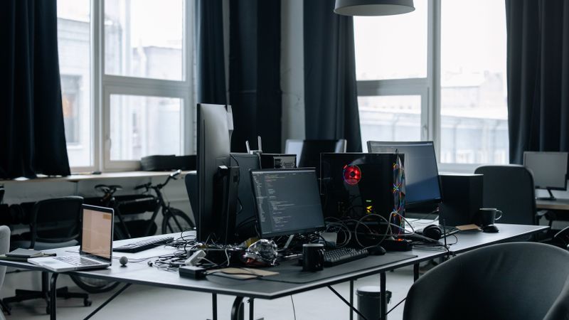 Contemporary workspace featuring computers, coding screens, and office essentials in a tech environment.